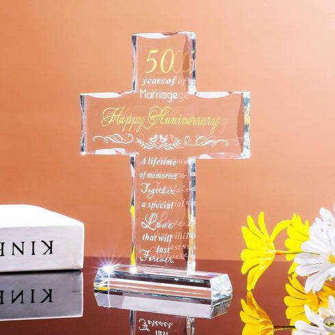 50th Wedding Anniversary Religious Cross Gift - Laser Engraved Glass Standing Cross Keepsake